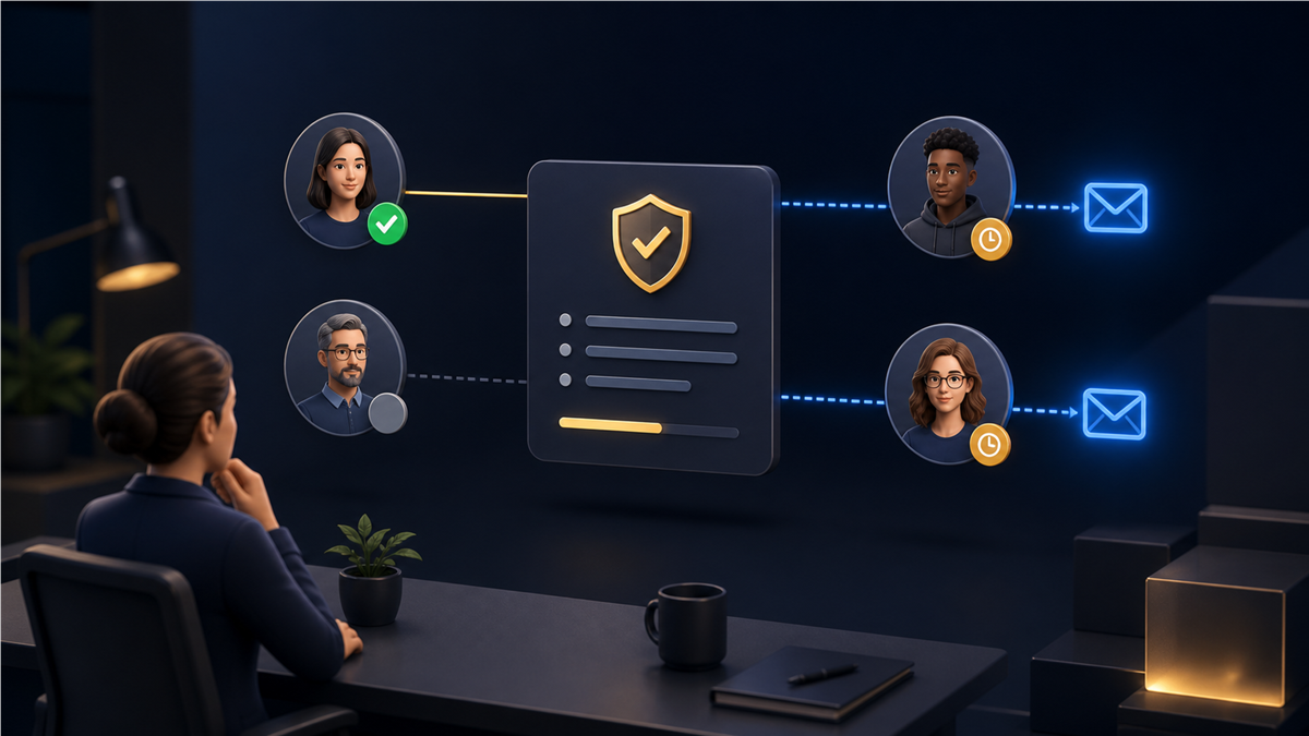 An administrator viewing an approval group, with completed and pending members and reminder emails going to the people still waiting